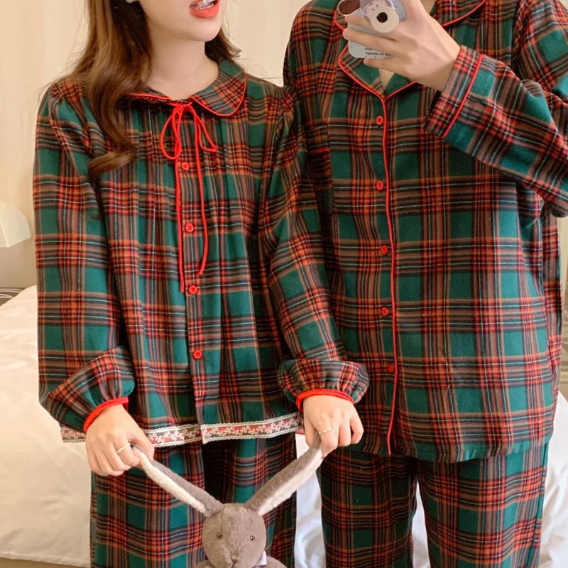 Корейський картатий різдвяний піжамний комплект для дівчаток - комірець Пітера Пена, довгий рукав та штани, осінньо-зимовий домашній одяг