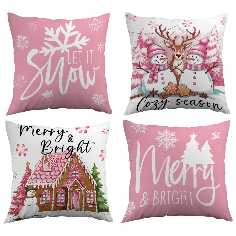 Christmas Pink Set Pillow Case Home Decoration Sofa Cushion Linen Nordic Snowman Elk Bedside Pillow Case