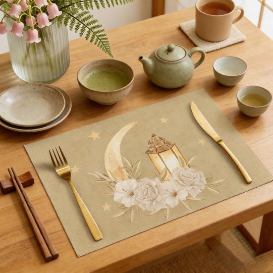 Ramadan Placemat Moon Heat Resistant Non-slip Star Lantern Mosque Table Mat Eid
