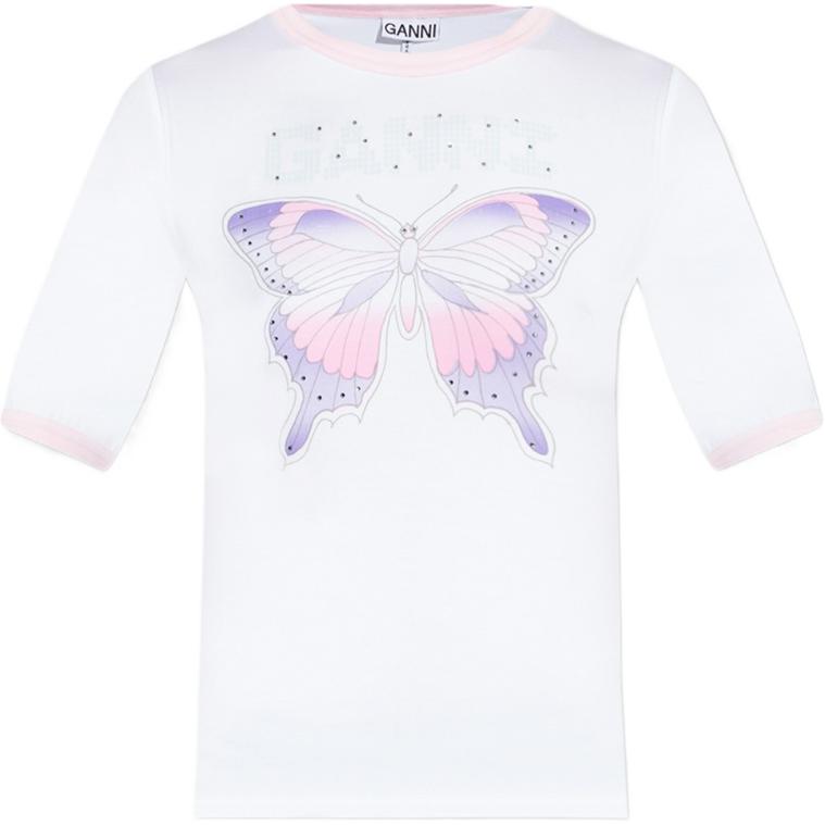 Ganni Ss23 Butterfly Print Pullover Round Neck T-Shirt Women Tops White T3353-151