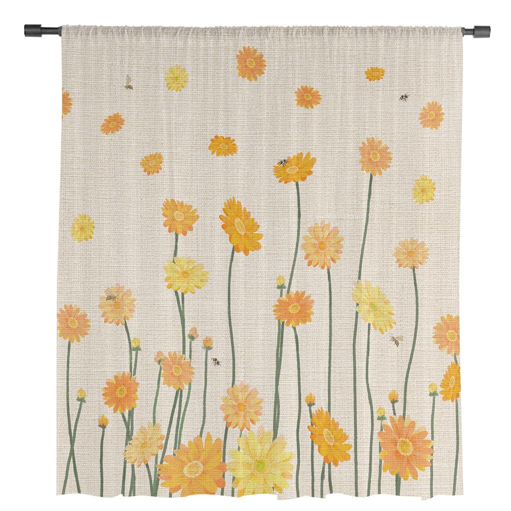 Yellow Daisy Flower And Bee Sheer Window Curtains For Living Room Kitchen Children Bedroom Voile Hanging Curtain