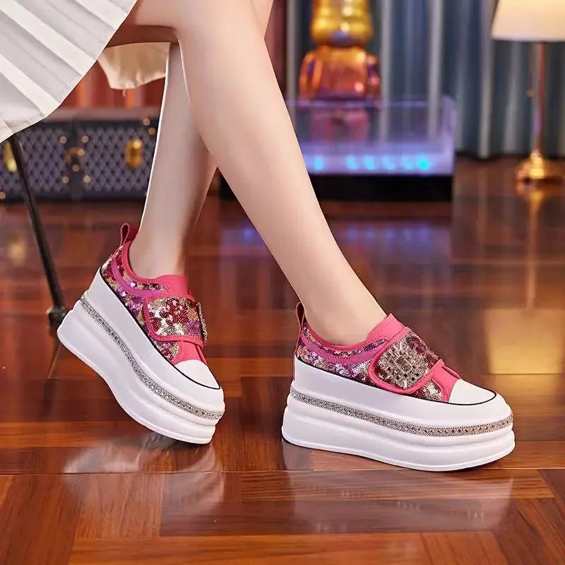 Fashion Women 8CM Platform Casual Outdoor Shoes Rhinestone Shine Decoration Sneakers Lace  Walking Sport Breathable Thick Bottom Shoes