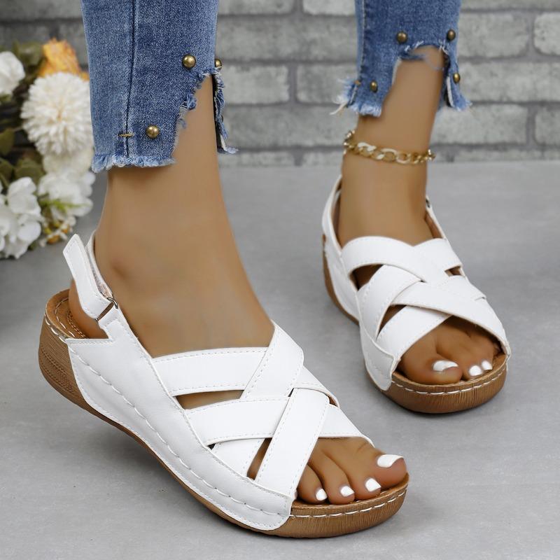 

Plus Size Sandals Summer New Round Toe Open Toe Cross Strap Cutout Breathable Soft Sole Anti-Slide Heel Shoes 36 білий