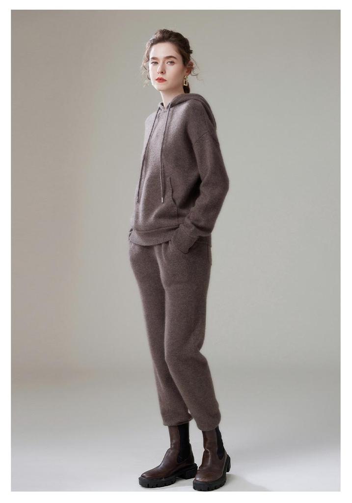 Women's Loose Fit Hooded Cashmere Sweater Set - 2026 Autumn/Winter Solid Color Gentle Style Base Layer.
