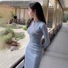 Autumn improved cheongsam high-end engagement dress high-end blue knitted dress