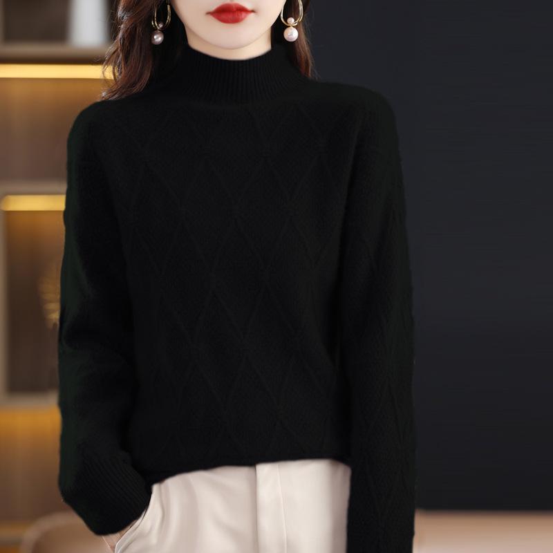 Women's High Neck Pure Wool Pullover Sweater with Diamond Pattern, Thick Base Layer, Solid Color Knit.
