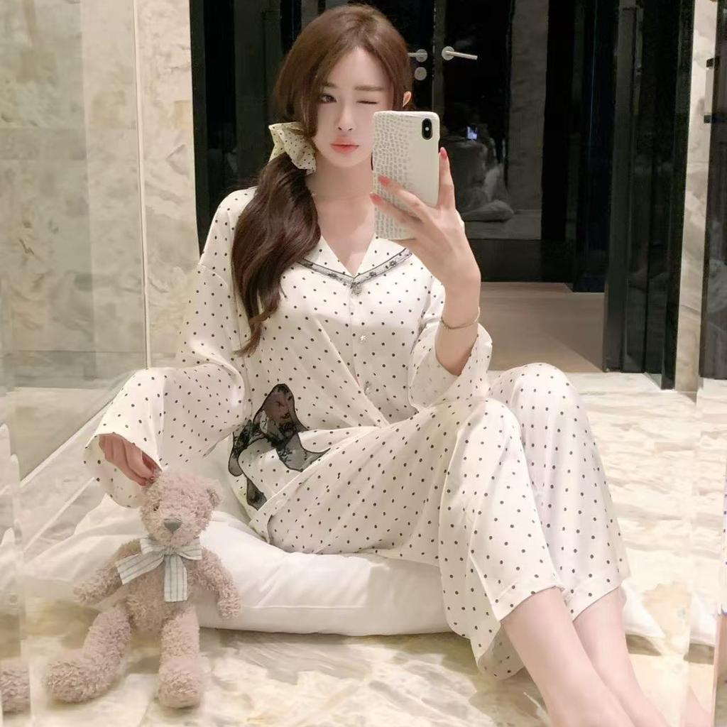 Pajamas women's ice silk autumn and winter new polka dot long-sleeved lace high-end bow loungewear set can be worn outside