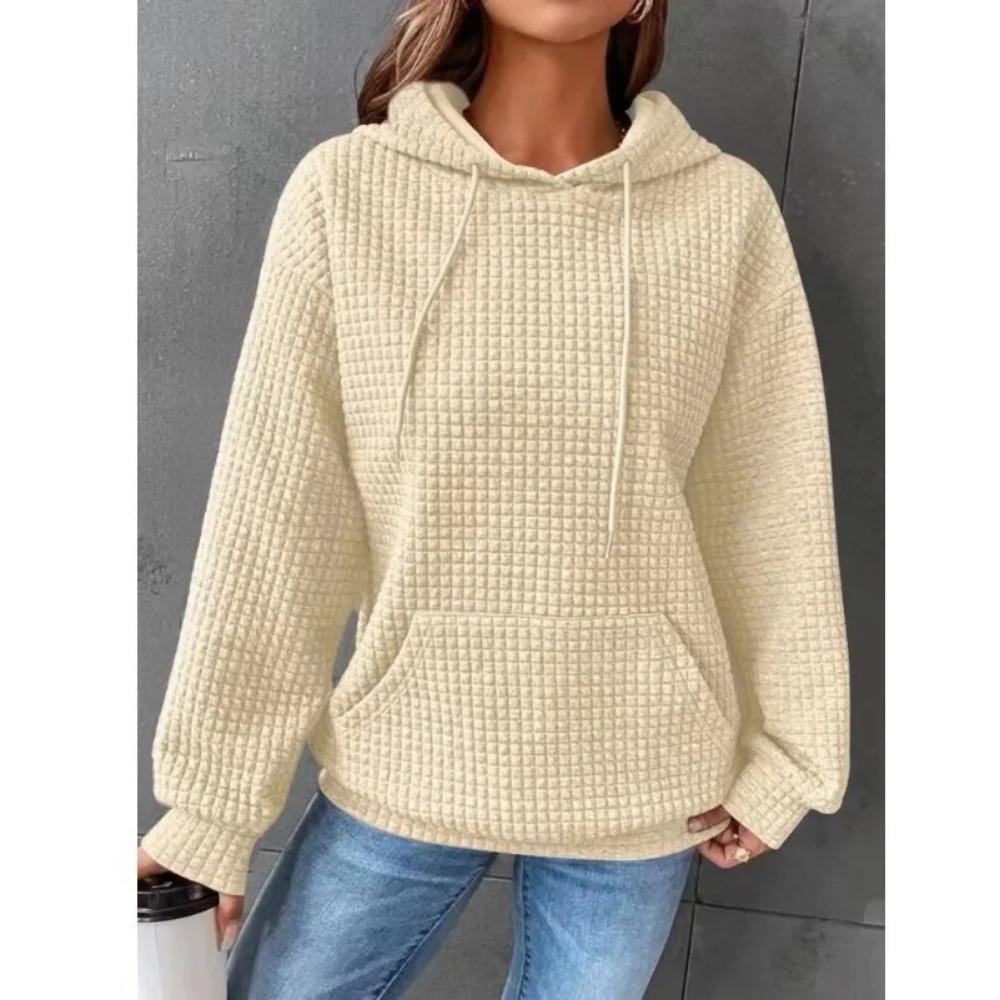 Women's Hooded Sweatshirt Spring and Autumn Style Waffle Fashion Beautiful Solid Color Hooded Drawstring Loose Sweatshirt