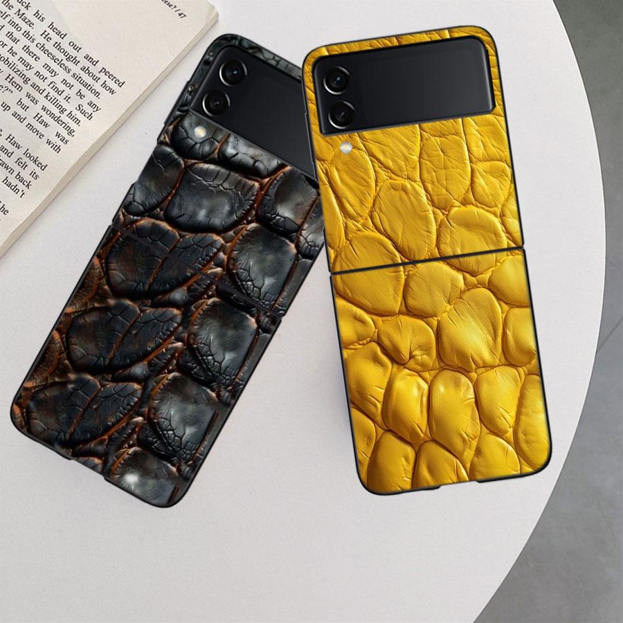 Crocodile Skin Phone Case For Samsung Z Flip 7 6 5G Galaxy Z Flip 5 4 3 Black Hard Cell Cover Luxury PC Shell Coque