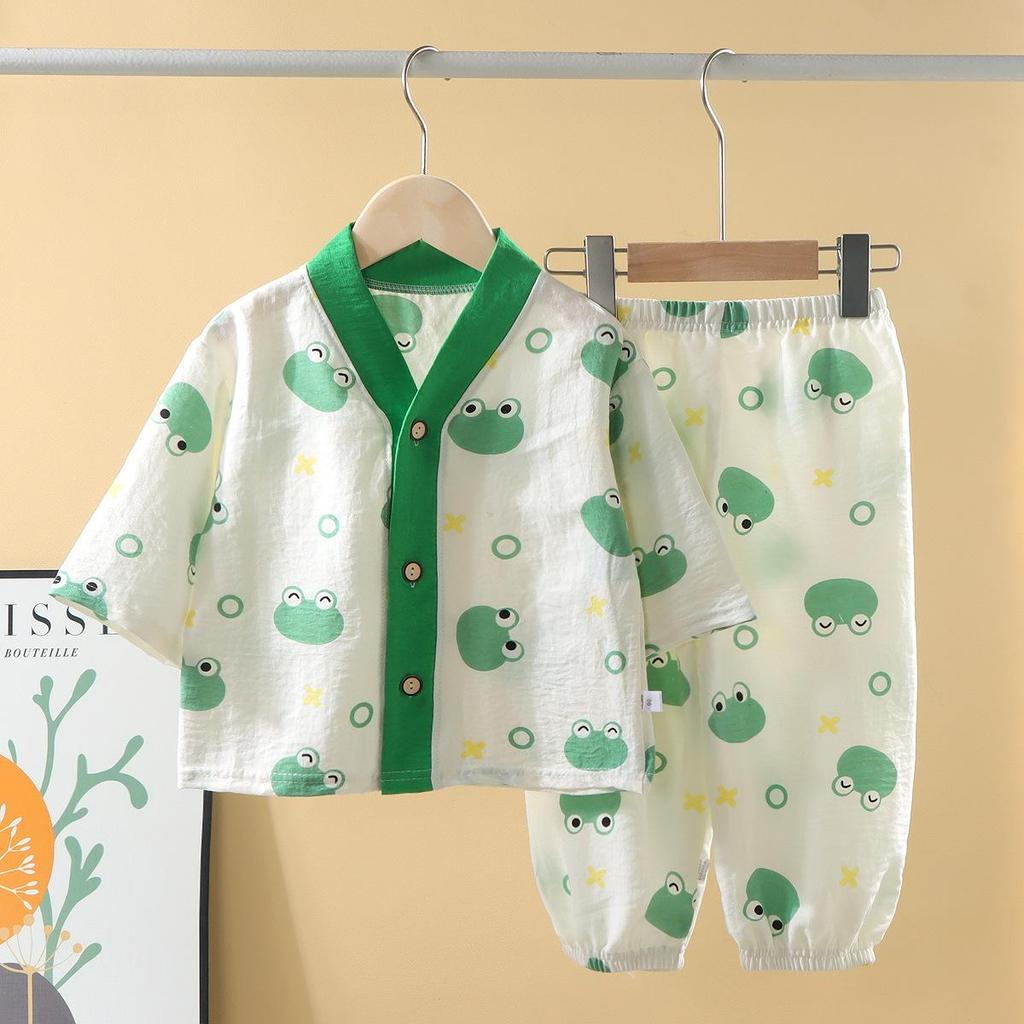 2026 Summer Children Short Sleeve Cardigan Underwear Suits Baby Spring V-Neck Cartoon Thin Pajama Set Home Wear Clothing Suit for Girl Boy