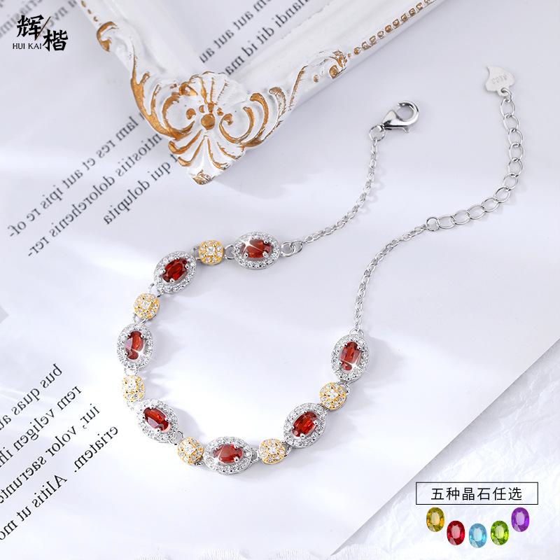 S925 Sterling Silver Bracelet For Women Inlaid Natural Garnet Topaz Crystal Fine Hand Jewelry