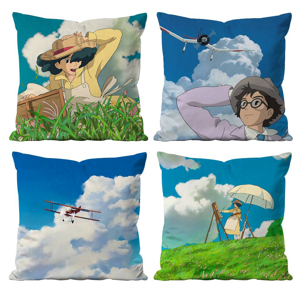 Cartoon W-Wind R-Rises Pillow Case Anti-dustmite Pillowcase Invisible zipper silky short plush Sofa cushion cover