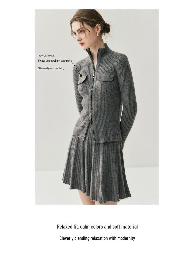 2025 Autumn/Winter Women's High Neck Cashmere Cardigan with Double-Head Zipper and Faux Pocket Detailing