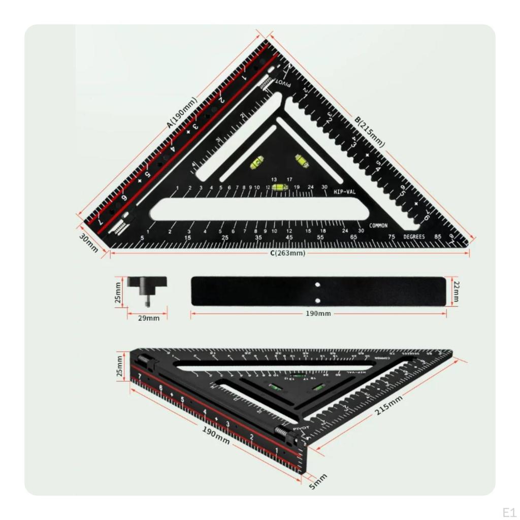 Folding Carpenter Triangle Ruler Angle Markings Bubble Level Red Edge Strip Square
