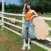 Fashion Summer Vintage Star Printed Denim Shorts For Women Thin Fabric High Waist Wide Leg Cropped Capri Pants Versatile Loose Straight Slimming