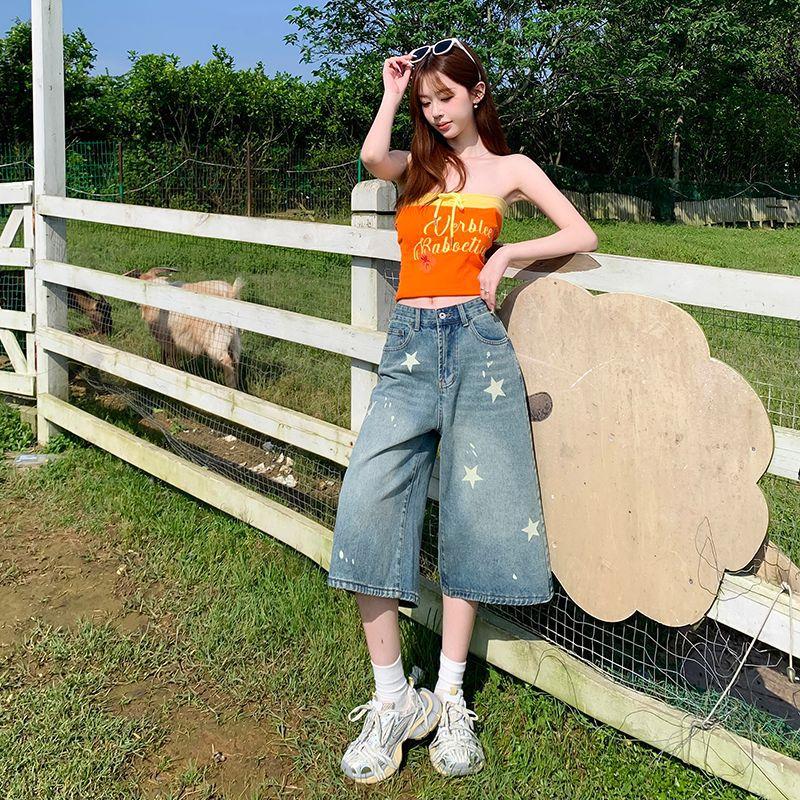 Fashion Summer Vintage Star Printed Denim Shorts For Women Thin Fabric High Waist Wide Leg Cropped Capri Pants Versatile Loose Straight Slimming