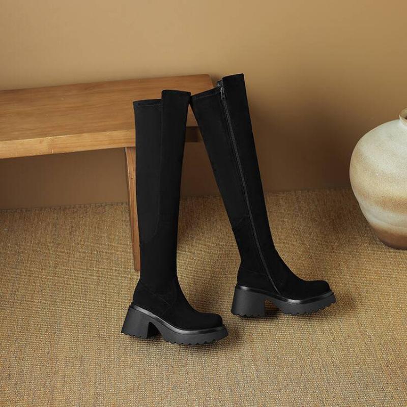 Korean version suede high-heeled large-size women's boots comfortable side zipper solid color square-heeled thick-soled leather boots non-slip autum
