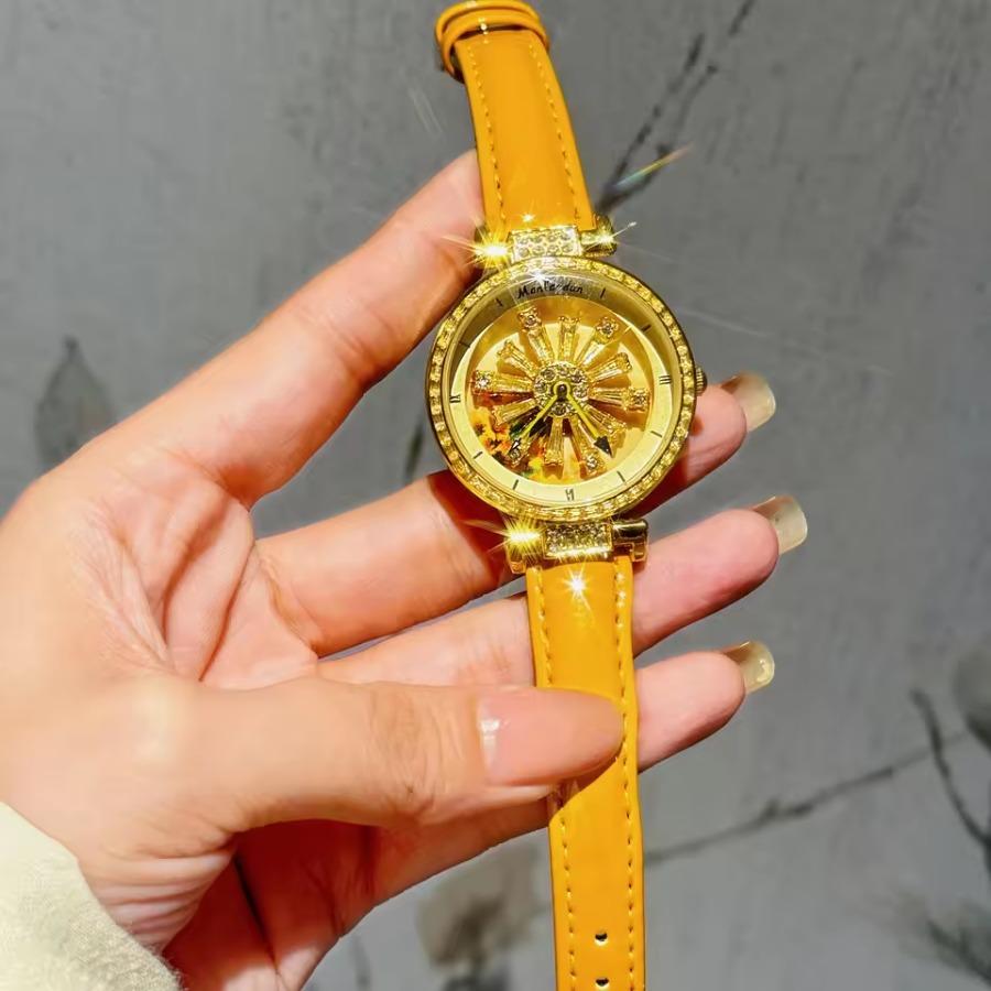 Fashionable Women's Watch With Transparent Back, Diamond Inlaid, Rotating Galaxy Dial, Sunflower Design Waterproof Quartz Watch