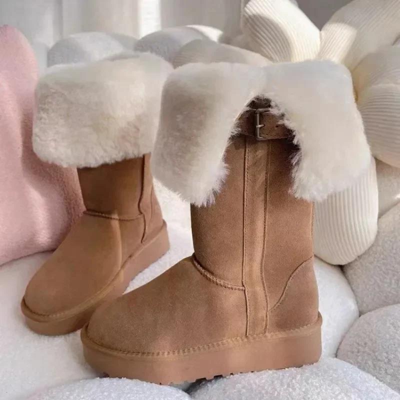Fashion 2025 Winter Women's Keep Warm Short Plush Flat Suede New Platform Knee High Boots for Women Outdoor Casual Cotton Shoes 35-40