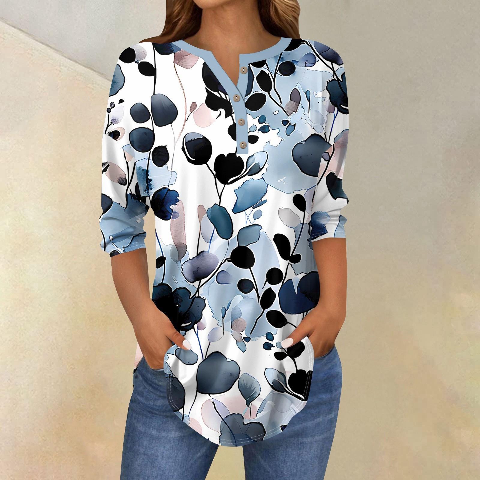 

Рубашки с рукавом 3/4 для женщин, модные, повседневные, с круглым вырезом, с принтом, футболка, топ XXXL тёмно-синий