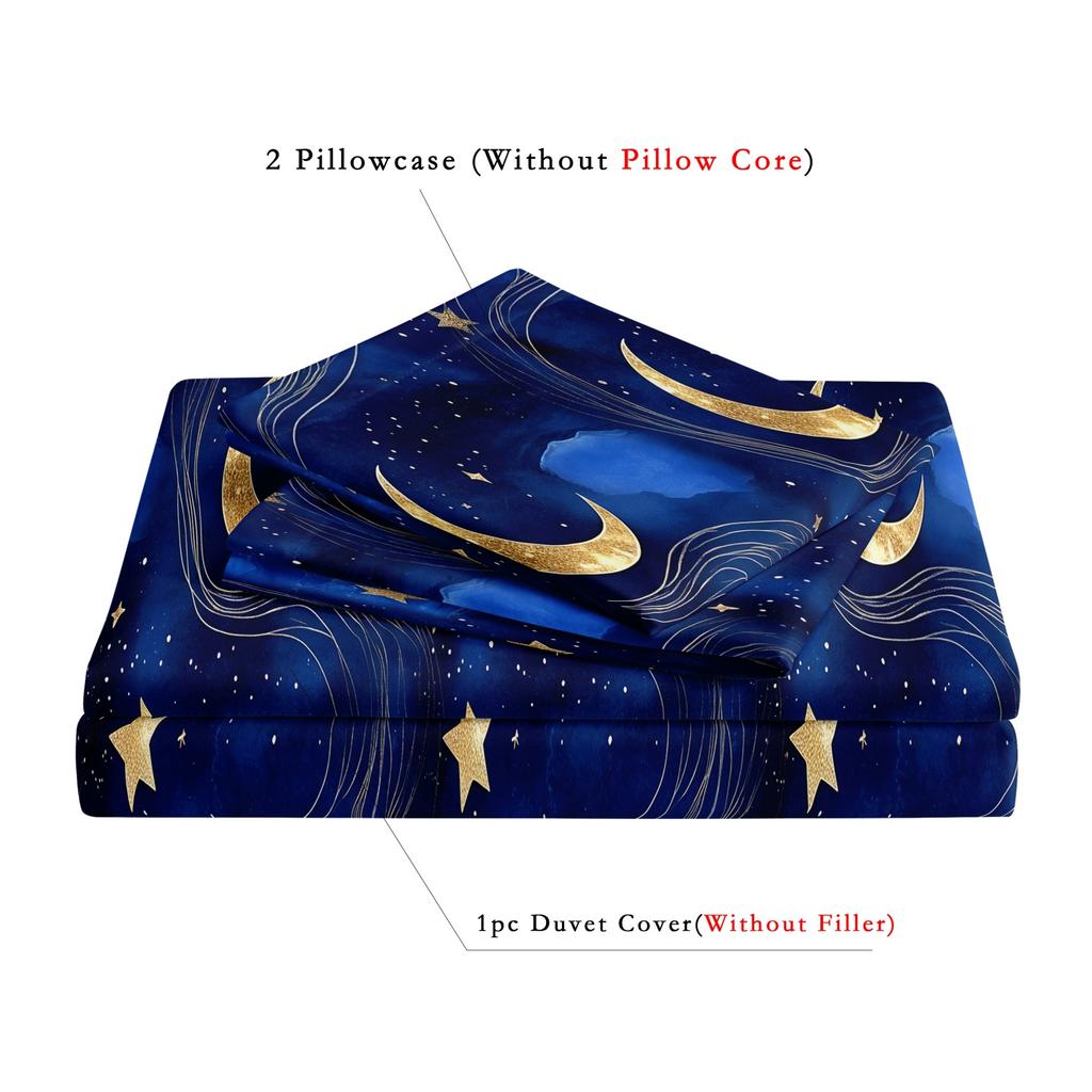 3 Pieces Dark Blue Galaxy Golden Moon Star Print Duvet Cover Set, Night Sky Gold Swirl Star Celestial Printed Bedding