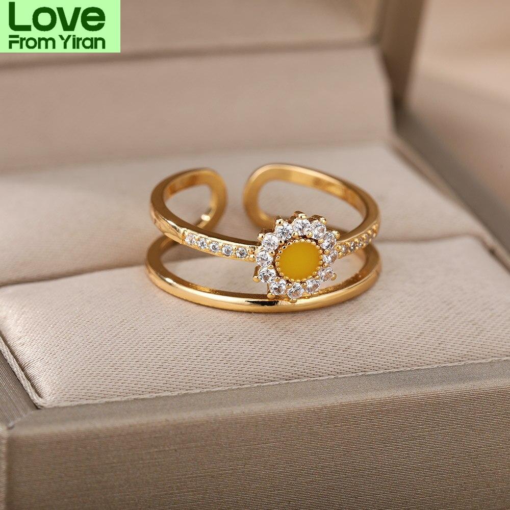Cute Daisy Rings For Women Zircon Sweet Double Mini Flower Open Adjustable Finger Ring Wedding Party Boho Jewelry Gift Mujer