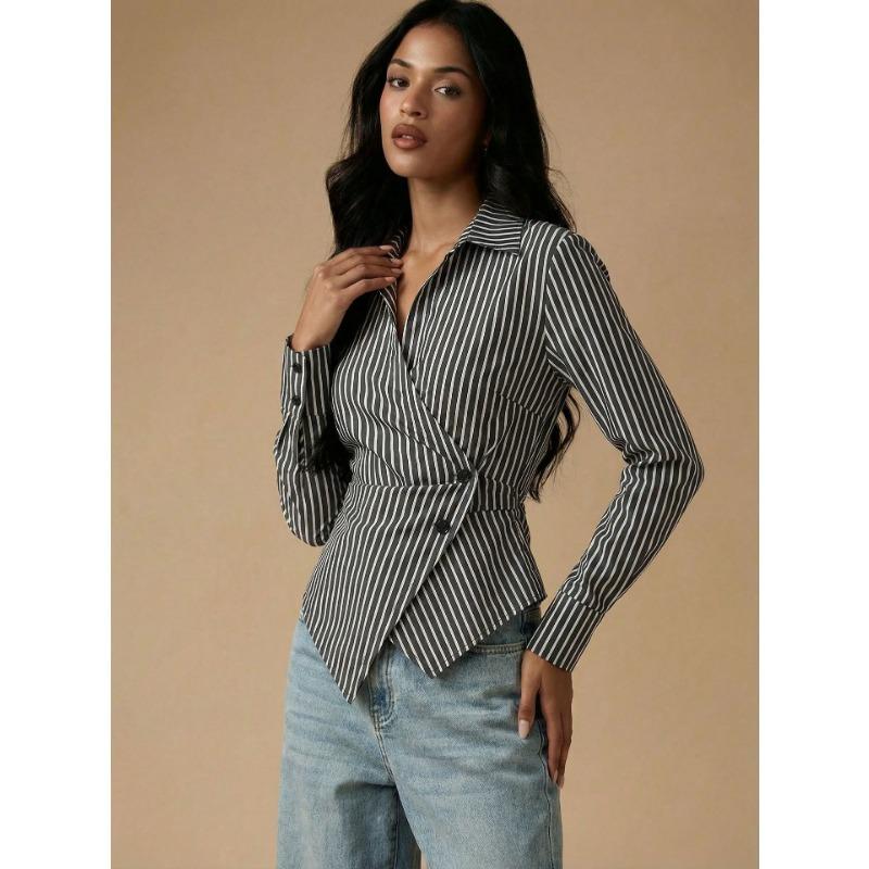 Dames Europese Stijl Gestreept Lange Mouwen Asymmetrisch Casual Blouse Shirt