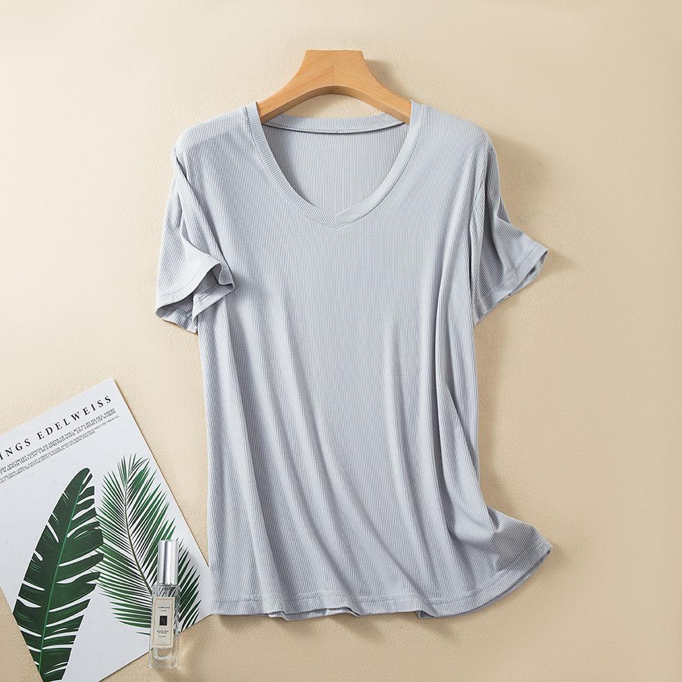 

Хлопковая футболка в рубчик с v-образным вырезом, летние женские повседневные футболки с короткими рукавами, свободные футболки, однотонные базовые футболки 2XL светло-серый