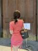 2025 French Square Neck Striped Drawstring Dress - Petite Summer Hip-Hugging Skirt for Women