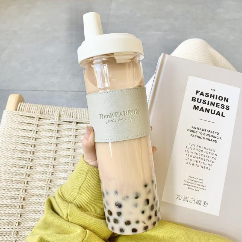

850ML Cute Pearl Milk Tea Straw Plastic Water Bottle with Cup Cover Women Large Capacity Juice Boba Milk Cup Drop-proof Portable Cup 850ml серый