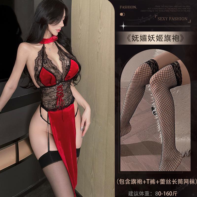 Sex Dessous Exotisch Sexy Spitze Perspektive Hohe Taille Schlitz Rose Cheongsam Verführung Uniform