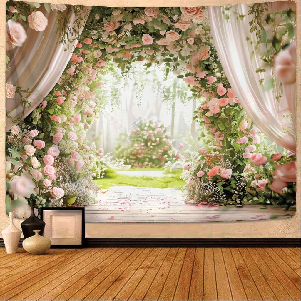 1 Pink Beautiful Romantic Rose Garden Print Tapestry Living Room Wall Decoration Background Cloth Machine Washable Space Pendant