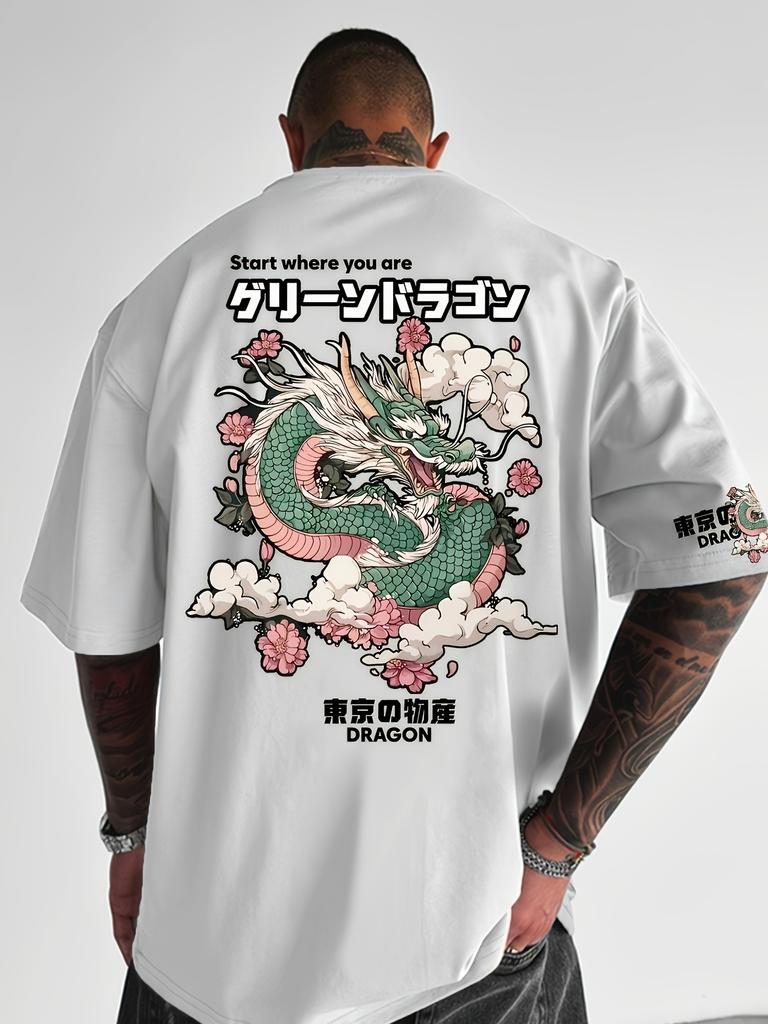 Japanese Green Dragon Cherry Blossom Print on Premium Soft 100 Cotton Unisexs T Shirt Perfect for Summer Casual Streetwear Style