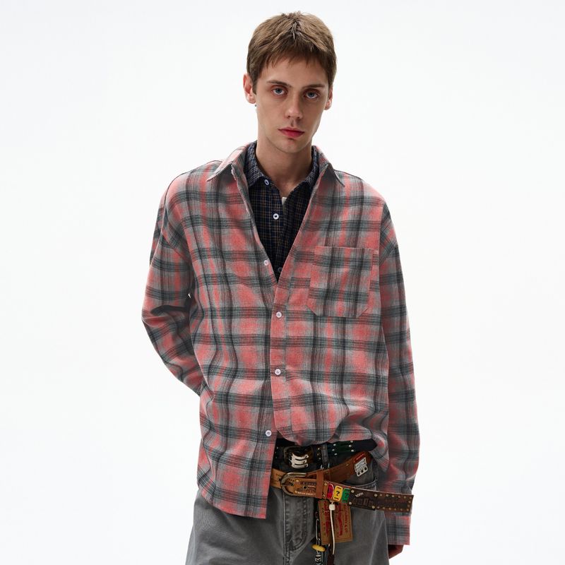 

Madwitch American Retro Color-Blocked Plaid Long-Sleeved Shirt for Men and Women, Loose Casual Lazy Style Lapel Shirt Trendy Red X L