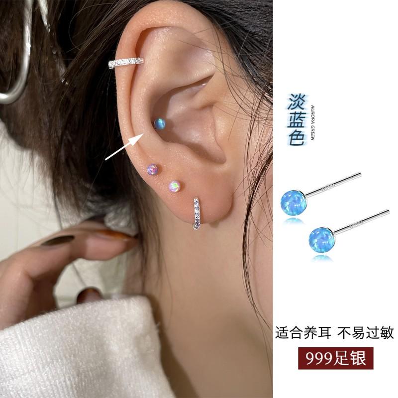 Geometric Opal Stud Earrings Women Sterling Hypoallergenic Ear Bone Piercing Jewelry Minimalist INS Style