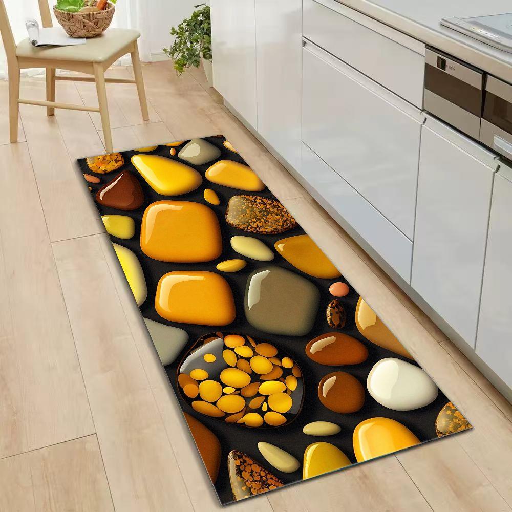 3D Glossy Yellow Pebble Runner Rug, Black Background Smooth Stone Long Hallway Mat Non Slip Washable Entryway Carpet