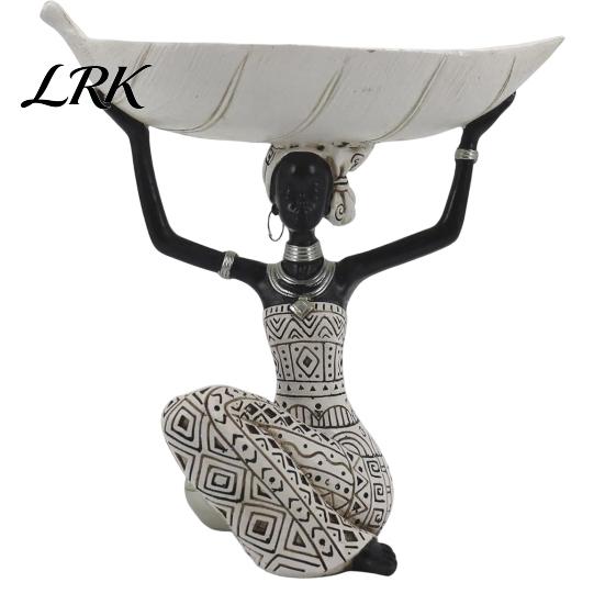 Silver Jewelry Carved Figure African Woman Figurine with Head Tray, Black & White Tribal Ethnic Pattern Resin Statue, Decor Dual-Function Storage