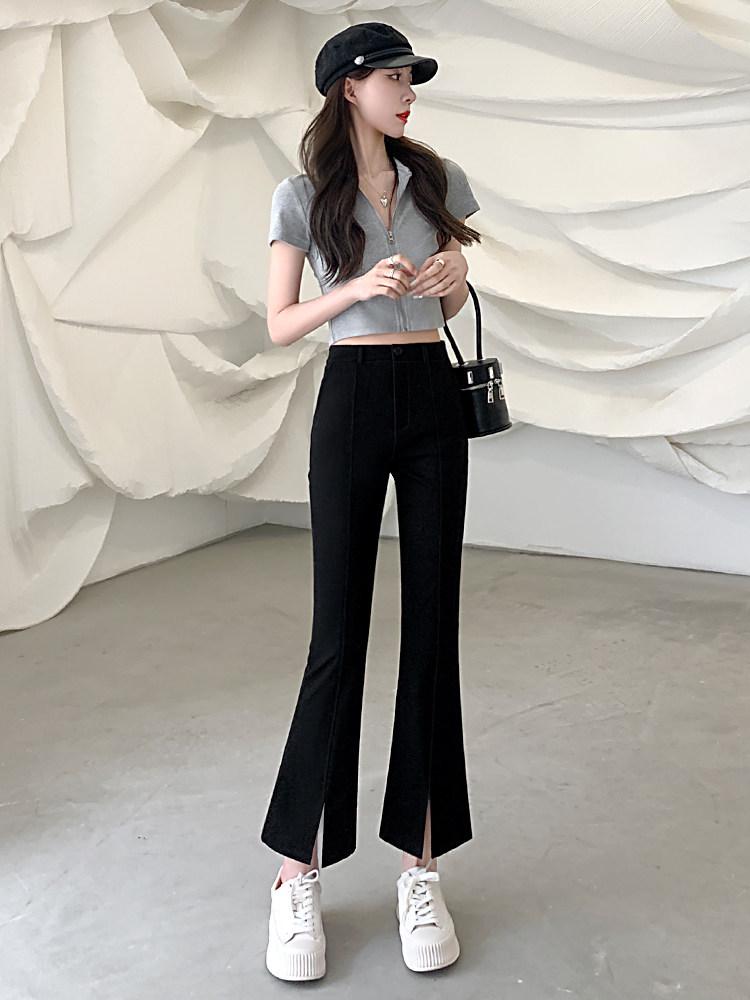 Women's Black High-Waisted Slimming Micro-Flare Pants with Slit - Summer 2025 Collection