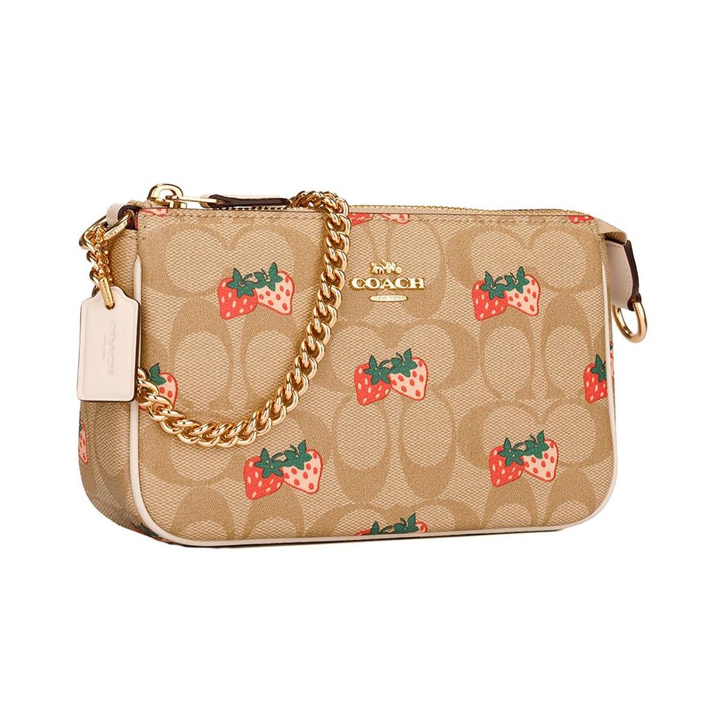 Coach Wristlet 19 Strawberry Print Leather Mahjong Bag Shoulder Crossbody Chain Clutch Women Wristlet Khaki 691-IME7V