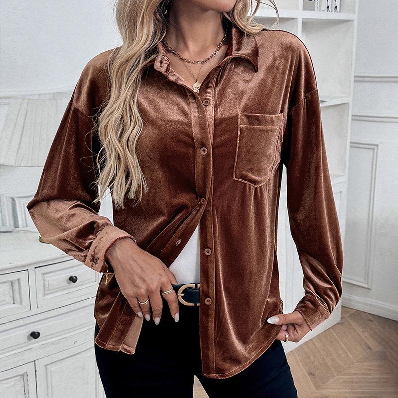 Women's Lapel Shirt Spring Autumn Long Sleeve Velvet Cardigan Top
