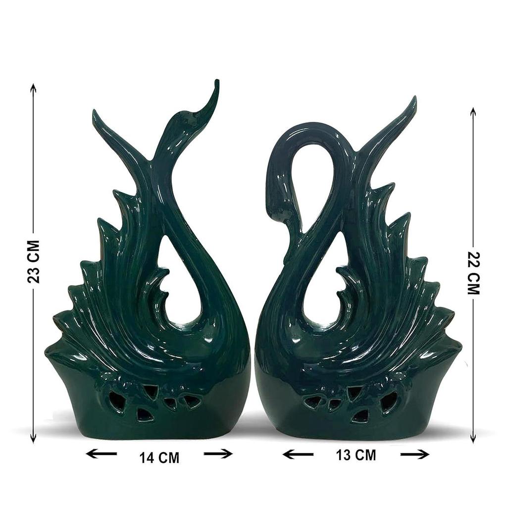 Modern Elite Swan Pair Ceramic Art Figurine | Beautiful Home Decor (Pack of 2, Green)
