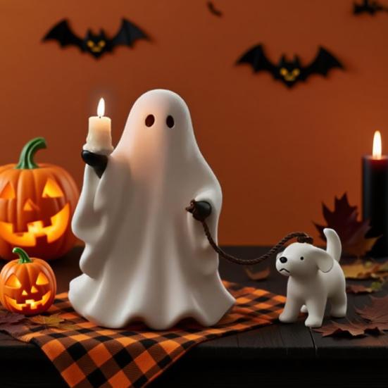 Ghost Pup Candle Holder Cute White Ghost Walking Dog Candlestick Resin Tabletop Figurine for Halloween Home Shelf Desk Decor