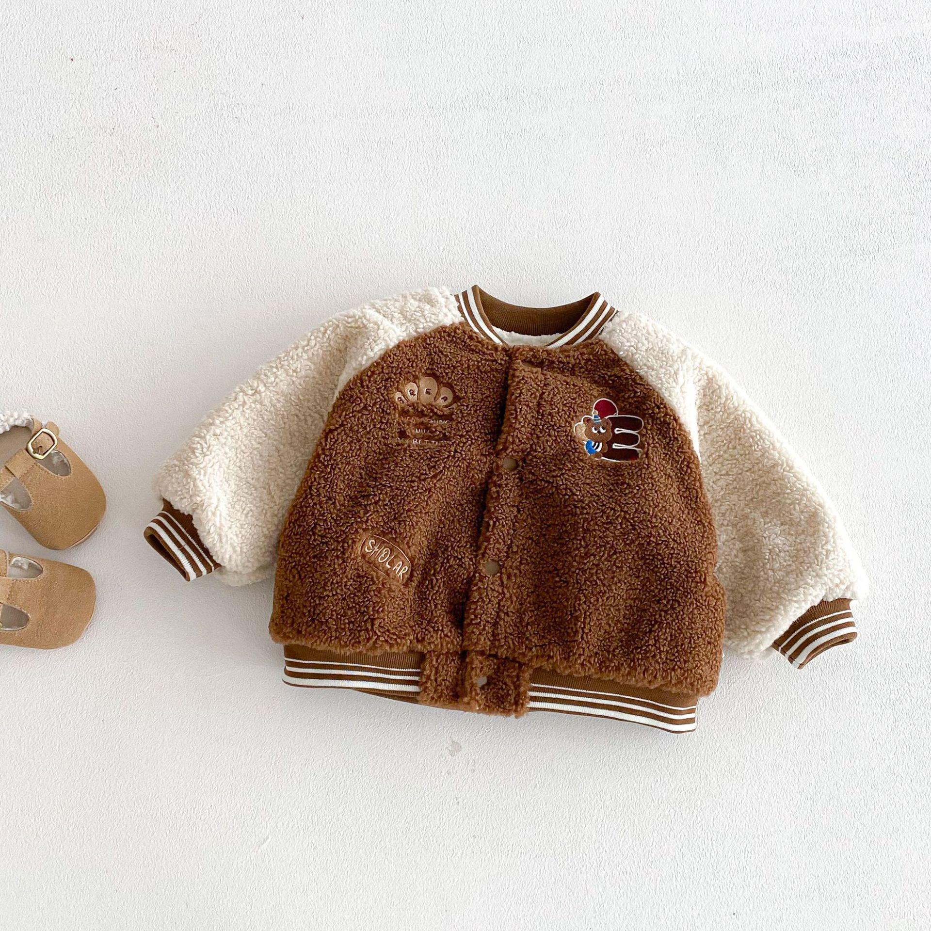 

Korean Style Boys Color Block Winter Baseball Jacket with Velvet Fleece - Thickened Children s Sweater Coat 2025. 110 хакі