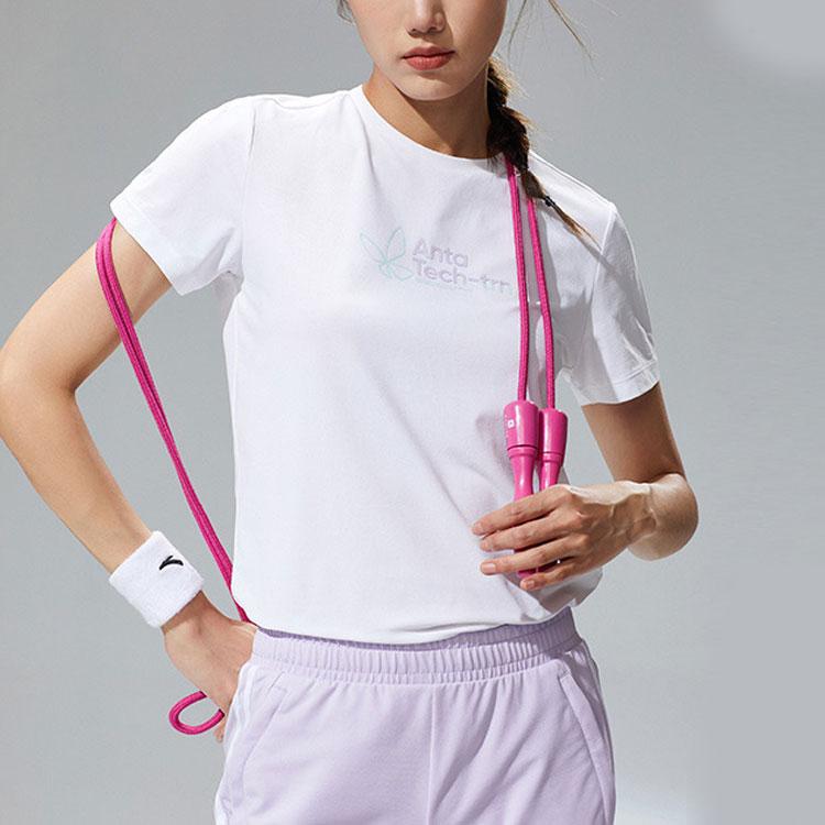 Anta Solid Color Round Neck Short Sleeve T-Shirt With Letter Print Women Tops Snow-White 162127134-1