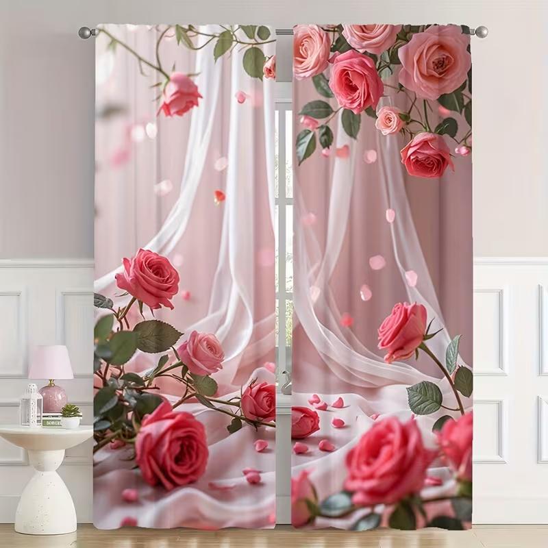 2 Pcs Pink Rose Print Curtains,suitable for Bedroom,living Room Kitchen Decoration,home Decoration,window Decor