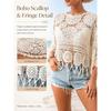 Damen Uni Fransen Cut-Out Durchsichtiges Überwurf-Boho Muschelsaum 3/4 Ärmel Strand Sarong für Urlaub Pool