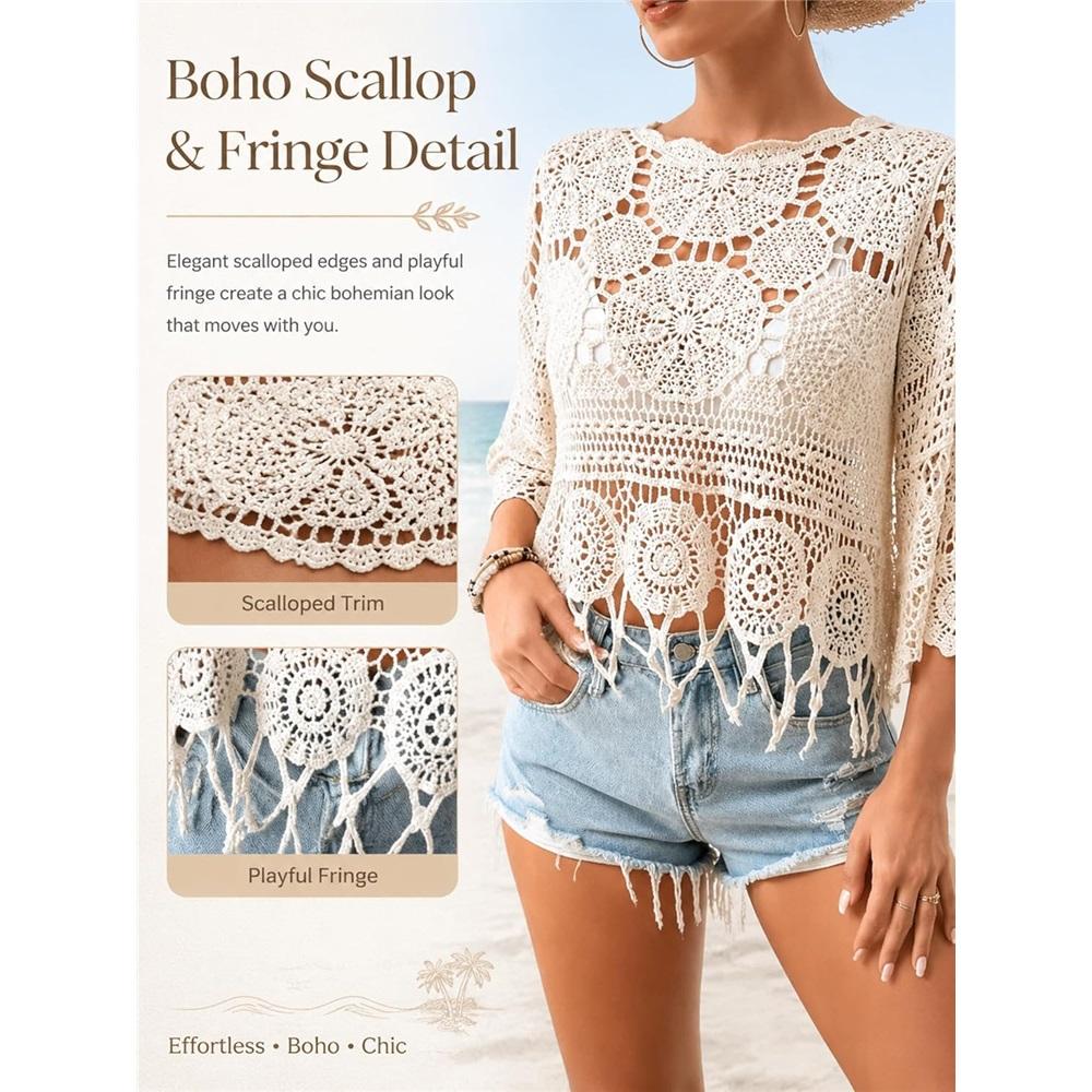 Damen Uni Fransen Cut-Out Durchsichtiges Überwurf-Boho Muschelsaum 3/4 Ärmel Strand Sarong für Urlaub Pool