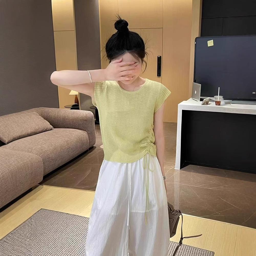 Chic Blue Flutter Sleeve Ice Silk Knitted Women's Summer Drawstring Top