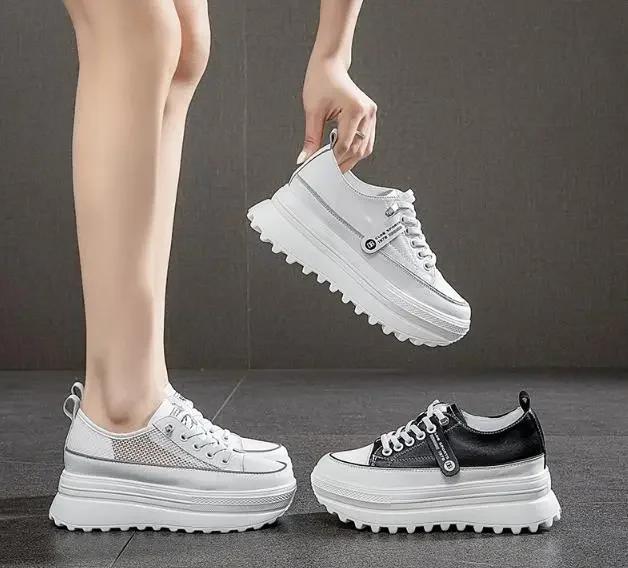 Fashion 5.5CM Genuine Leather Platform Wedge Shoes Chunky Sneaker White Casual Shoes Comfortable Breathable Spring Autumn Shoes