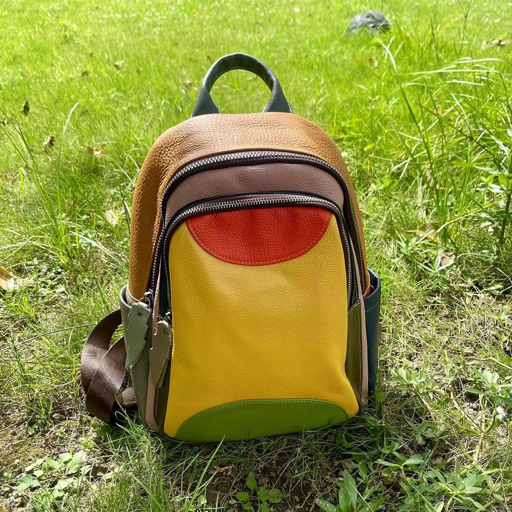 Women's Genuine Leather Colorful Cowhide Backpack - European/American Style, Outdoor Travel Leisure Bag